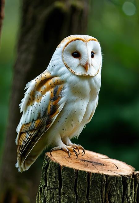 a detailed image of a barn owl perched on a tree stump against a dark, blurred background. The owl should have large, bright yellow eyes with black pupils, a sharp beak, and brown and white feathers with a few white spots. The bird's posture is upright and alert, with its head slightly tilted, giving it an inquisitive look. The tree stump should have rough, textured bark, and the background should be dark green, providing a natural and subtle contrast to highlight the owl. The overall atmosphere should be calm and focused on the owl's striking features.