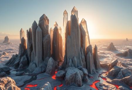 Towering crystal formations rise from a sea of molten silver, glittering under twin suns