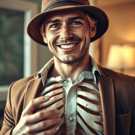 A man is smiling and looking at the camera. He is very handsome, has blond hair, and wears a hat over it. He is wearing a shirt and a blazer over it and brown pants.his half-chest is exposing his rib cage. With no flesh on it. Bones over his half-chest are fully exposed. He is trying to control his pain and smiling. A woman in front is in shock looking at him. He is trying to reach her for help. The woman is perplexed and in awe. Super realistic, high-definition picture with, realistic skin tone , super realistic human, super realistic skin definition picture , vintage picture style