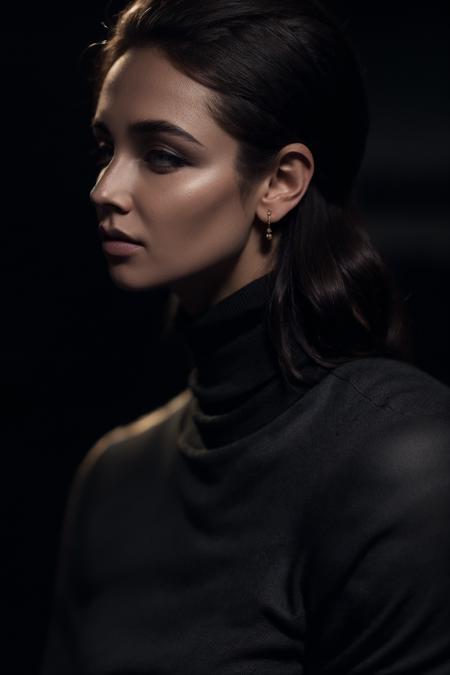 <lora:Laysan_Utyasheva:0.85> (dark shot:1.1), epic realistic, Close up half profile shot in the darkness with very little light, dramatic pose, dynamic pose, delicate skin texture, short Rembrandt Lighting, in a complex glossy black fabric designed and product rendered quality thick turtleneck sweater, glossy hair, on black background, hyper detailed texture of wavy long hair, poster like, surrealism, Japanese minimalism, Nikon, Hasselblad, canon, Fujifilm, 8k, faded, (neutral colors:1.2), (hdr:1.4), (muted colors:1.2), hyperdetailed, (artstation:1.4), cinematic, warm lights, dramatic light, (intricate details:1.1), complex background, (rutkowski:0.66), (teal and orange:0.4)  <lora:LowRA:0.7>