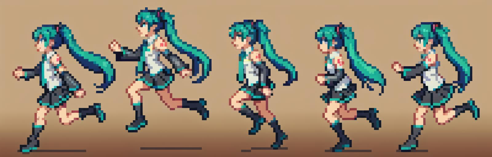 Three Pixel Art Characters Running in Unison