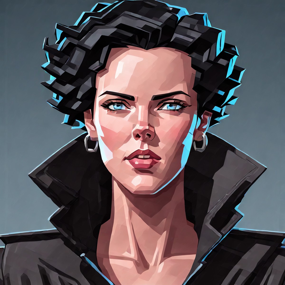 a closeup picture of a woman with short black hair, wearing a black coat, looking directly at viewer with blue eyes, fists...