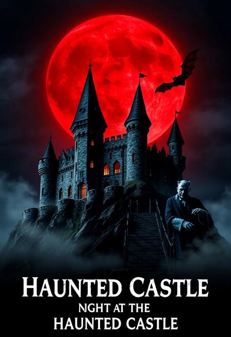Movie Poster text: Night at the Haunted Castle
Movie Poster Concept: The poster features a crumbling castle on a hill, under a blood-red full moon. Each character is lurking in different sections of the poster (Frankenstein in the shadows, Dracula flying as a bat, and Pennywise peeking from a dark corner). The design is sinister, with eerie lighting and mist rolling over the scene.