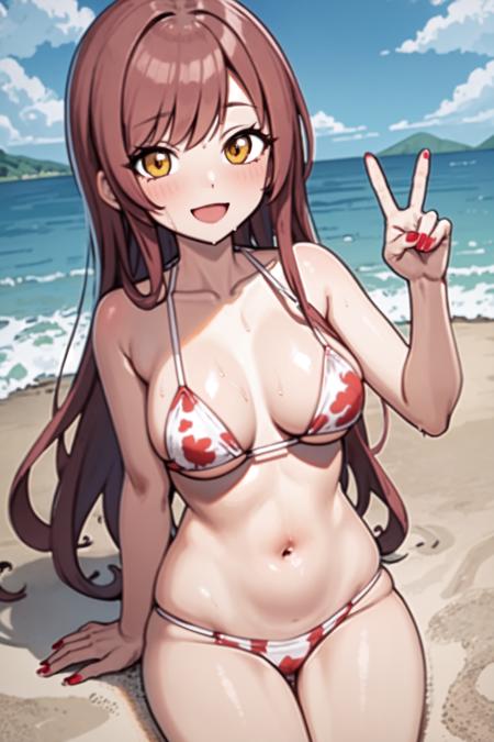 <lora:osaki amana:1>, osaki amana, 1girl, swimsuit, bikini, solo, breasts, outdoors, navel, long hair, smile, looking at viewer, medium breasts, red bikini, wet, cleavage, day, v, ocean, arm support, sitting, open mouth, yellow eyes, beach, :d, print bikini, sky, brown hair, collarbone, water, blue sky, string bikini, bangs, blush, nail polish, stomach, bare shoulders, hand up, floral print, red nails, halterneck, red hair, cloud, bare arms