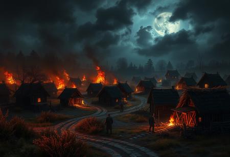 a dark fantasy burning village afer being attacked at night  <lora:More_interesting_backgrounds:1> ibg, (((masterpiece))) (((ultimate quality))) sharp focus, high texture resolution, hyperrealistic, photo realistic, 32k, HDR, vivid colors, stunning compostion, soft lighting