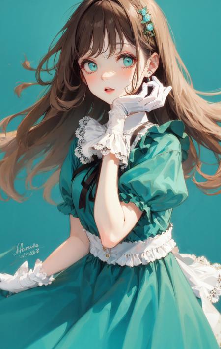 1girl, aqua_background, artist_name, bangs, blue_background, blue_eyes, bow, brown_hair, closed_mouth, dated, dress, eyebrows_visible_through_hair, floating_hair, frilled_shirt, frilled_shirt_collar, frilled_sleeves, frills, gloves, green_background, hair_bow, hair_ribbon, hand_on_own_cheek, hand_on_own_face, hands_on_own_cheeks, hands_on_own_face, head_rest, light_brown_hair, long_hair, long_sleeves, looking_at_viewer, one_side_up, parted_lips, puffy_short_sleeves, puffy_sleeves, shirt, signature, skirt, solo, striped, striped_bow, striped_ribbon, upper_body, very_long_hair, white_dress, white_gloves, white_shirt <lora:style_赤仓:1>