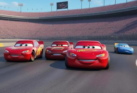 aidmafluxpro1.1, in the style of Jed-clrfl,  
highly detailed 8K image, 
This is a super high-quality 8K photo. This is a high-quality photo of the cars from the Pixar Cars series, just like real cars. It shows Lightning McQueen racing against other cars from the Pixar Cars series in a grand racing stadium. There are a lot of spectator cars in the stadium. Lightning McQueen is in the lead, Jackson Storm is in second place, and Cheek Hicks is in third place. Several cars collide, creating huge flames and smoke, but Lightning McQueen, Jackson Storm and Chick Hicks luckily escape the crash and remain in the lead.