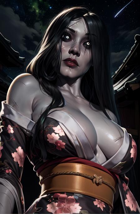 Hisako,grey skin,long hair,hair over one eye,black sclera,white pupils,looking at viewer,  scars, 
standing, upper body, 
 <lora:Hisako-10v7:0.8>