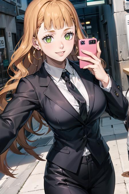 (selfie:1.3),1girl,beautiful mimosa_vermillion,long hair, bangs, green eyes, orange hair, hoop Earrings, office lady, black suit, business clothes, pants, black necktie, smile, outdoors, city, (volumetric lighting), best quality, masterpiece, intricate details, tonemapping, sharp focus, hyper detailed, trending on Artstation,