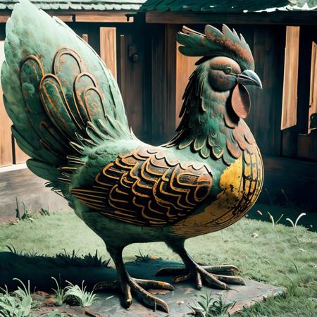 a (bronzecd) rooster, standing on lawn, (solo:1.2), <lora:bronzecd-000009:1.0>, no humans, high quality, masterpiece, realistic, photorealistic, (outdoors, lawn)