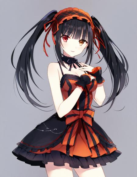 tokisaki kurumi, 1girl, arm warmers, bare shoulders, black hair, bow, breasts, cleavage, collarbone, cowboy shot, dress, eyebrows, frilled dress, frills, hair ribbon, hairband, heterochromia, long hair, looking at viewer, orange eyes, parted lips, red bow, red eyes, red ribbon, ribbon, simple background, skirt hold, sleeveless, sleeveless dress, smug, solo, standing, twintails, white background, <lora:Char - Tokisaki_Kurumi - Own:1>