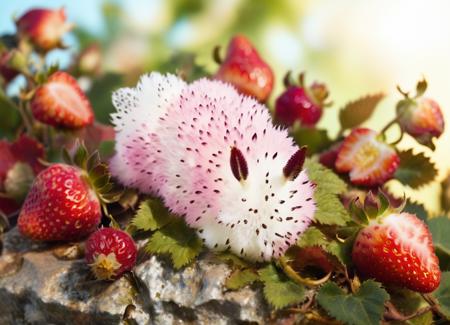 fluffy pink jorunna pretending to be a strawberry in a grassy field among the roses, garden midday, sun  <lora:seabnuuyXL-000045:1>, (alphonse mucha:0.2) strawberries nearby, next to a large strawberry