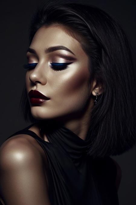 The image is a high-resolution photograph of a person with an ethereal, surreal aesthetic. The subject is a woman with a striking, statuesque appearance, her face and body draped in a dark, almost black, high-fashion ensemble. She has her eyes closed, giving an impression of serenity or contemplation. Her makeup is dramatic, with dark, matte lipstick and eyeshadow that matches the dark tones of her attire. side view,