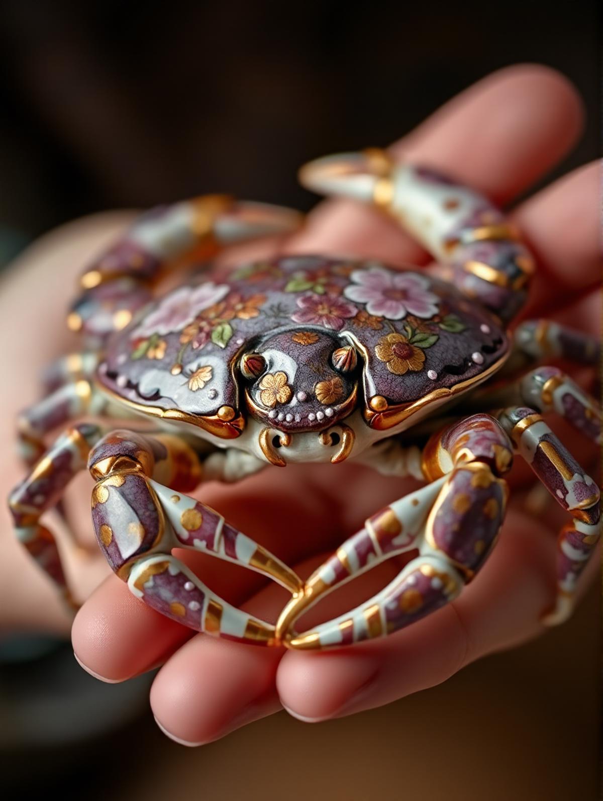 An artistic image focused on the intricate details of the crab made of glossy chinese porcelain textures with purple and gold flowers patterns.A gentle touch of a human hand holding it. Use soft,natural colors and a shallow depth of field