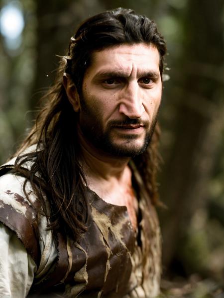 portrait photo of (Fares Fares:1.3) wearing viking clothes, bloody face, front view, in the woods forrest, middle-aged daddy, skin detail, pores, messy (medium long hair:1.2), studio light, natural lighting, 4k uhd, dslr, soft lighting, high quality, Fujifilm XT3 <lora:Fares_FaresSD15_v1a-000015:0.9>