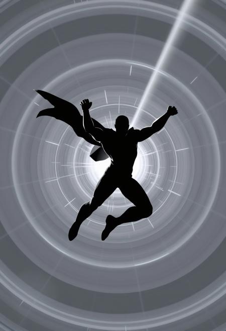 A chrome and silver beam hitting an athletic superhero  100 metres away. The beam is about 1 metre thick and surrounded by multiple concentric grey and white circles of varying diameter. The target is silhouetted and is in an action hero acrobatic pose