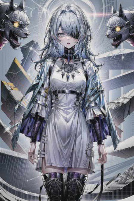 (masterpiece, top quality, best quality, official art, beautiful and aesthetic:1.2),(8k, best quality, masterpiece:1.2), 1girl, mature girl, Hecate PTN, (looking at the viewer, cowboy shot, standing:1) (blue hair, long hair, blue colored hair, shoulder length hair, medium flowing hair, bangs, blue mixed grey hair:1.2), (grey eyes, shining grey eyes, grey shining eyes, one eye visible, one eye hidden, eyepatch:1.15), [apathetic, emotionless, open mouth:1.2], [medium breasts:1.3], [sexy:1], (white dress, black footwear, knee-length dress, black knee-high boots:1.15),  (epic glow:1.4),  <lora:more_details:.7>, <lora:HecateLora:.8>