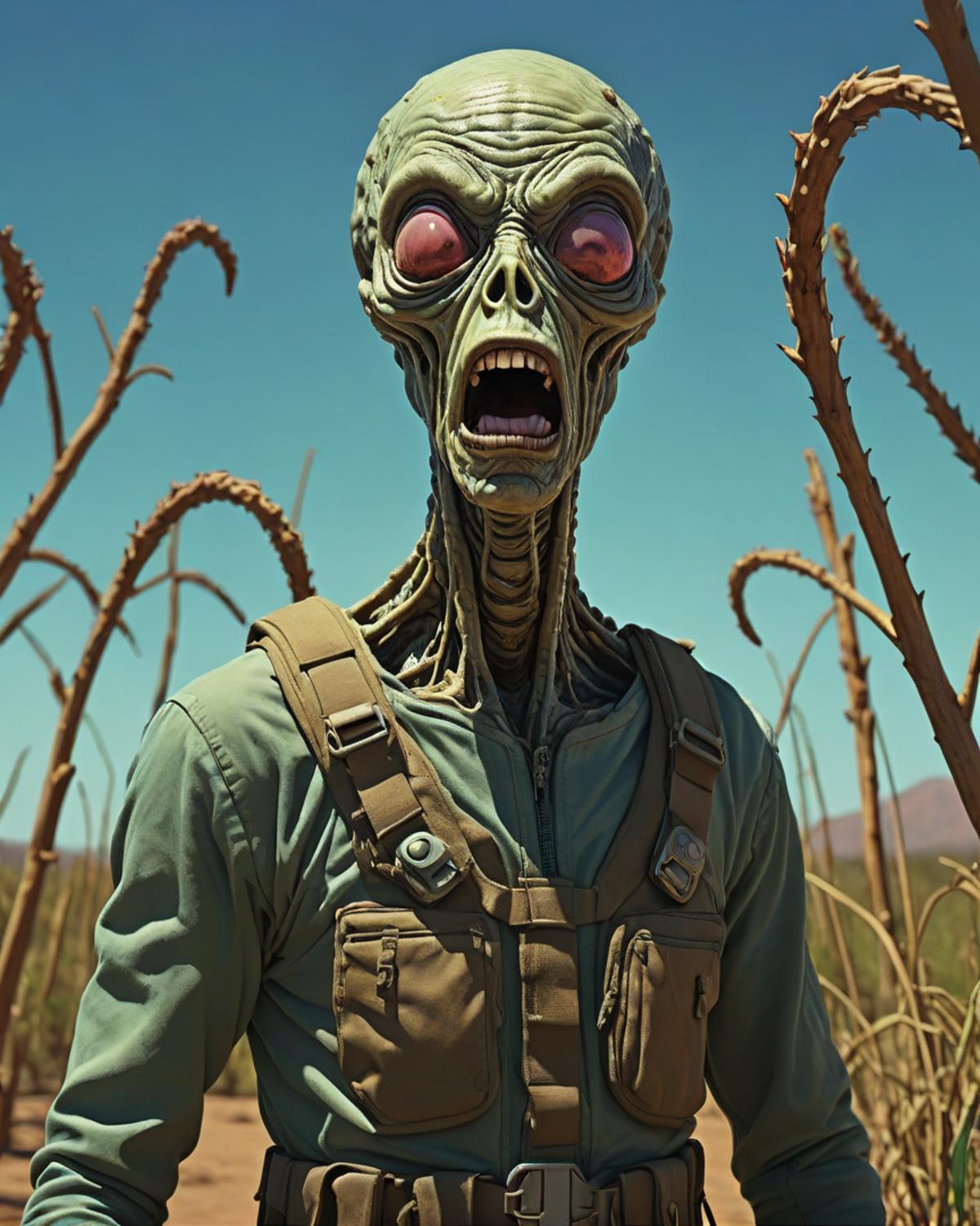 A monster with an open mouth, angry expression and wearing a backpack stands in a field.