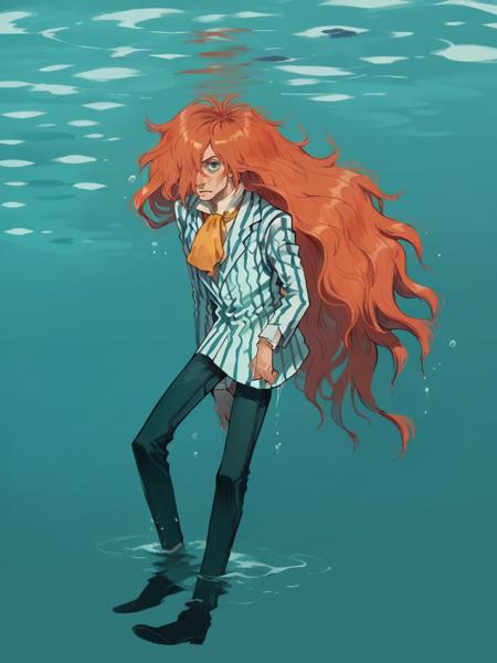 fujimoto, 1boy, long hair, solo, orange hair, striped, hair over one eye