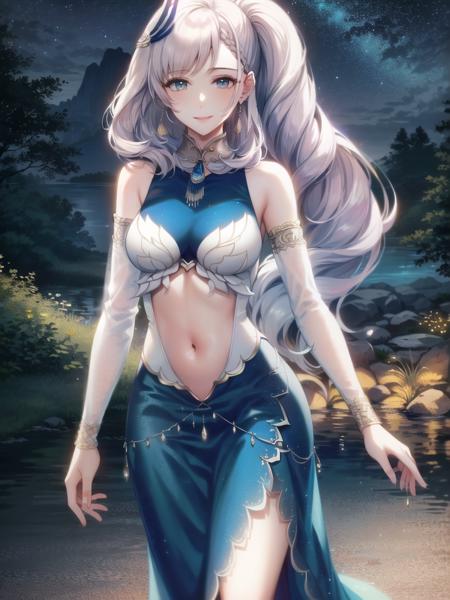 unparalleled masterpiece, 4k, (best quality:1.4), (highly detailed:1.4), detailed shadows,(a picture of (reine-main-outfit:1.3), smile, perfect eyes,medium breasts,eyelashes, cute lips), walking through forest, beautiful lake, starry night sky, dark, dim light, low key, blue dress, feather hair ornament, navel cutout,side ponytail, <lora:Pavolia Reine:1> ,<lora:epiNoiseoffset_v2:0.8>