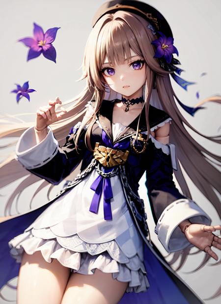 masterpiece, best quality, ultra-detailed, illustration, 1girl, solo,  <lora:herta_v11h:0.9> , herta /(honkai star rail/), grey hair, long hair, purple eyes, doll joints, small breasts, purple hair flower, beret, single earring, choker, collarbone, hertadress, black jacket, long sleeves, purple ribbon, frills, white dress, checkered dress, tailcoat, cowboy shot, thighs