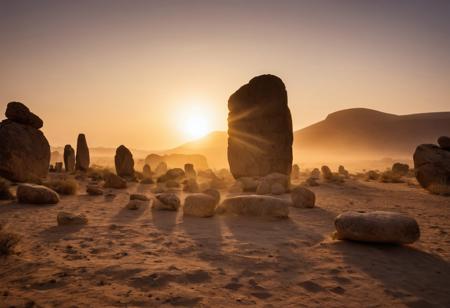 "More about Mystical Stone Circle at Sunset in Desert An ancient stone circle emerges from a misty desert landscape, 
with the sun setting behind it, 
casting golden hues on the weathered stones and creating a mystical atmosphere."