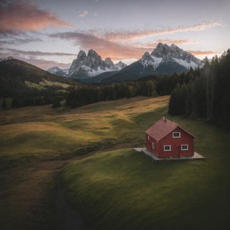 raw photo, 8k uhd, dslr, high quality, (best quality: 1.1), (masterpiece: 1.4), (realisitc: 1.2), (absurdres: 1.2), (photorealistic: 1.3), (a little bright red house in center), ins style,scenery, outdoors,grass and forest, purple sunset, sky, day,a high snowmountain, landscape,  <lora:ins-lab:0.8>