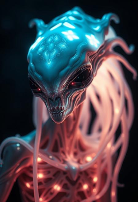 A bioluminescent alien with hard, diamond-like features, glowing in shades of white and black, and flowing tendrils cascading like hair <lora:Dever_Flux_Enhancer.safetensors:0.5>,  <lora:Giger_2_0.safetensors:0.5>,  <lora:Movie_Portrait.safetensors:0.4>,  <lora:- Flux1 - soothing_atmo_V2.0.safetensors:0.2>,  <lora:lith_mimosa_kiel_grw134_FLUX.safetensors:0.35>,  <lora:black_fantasy.safetensors:0.5>,