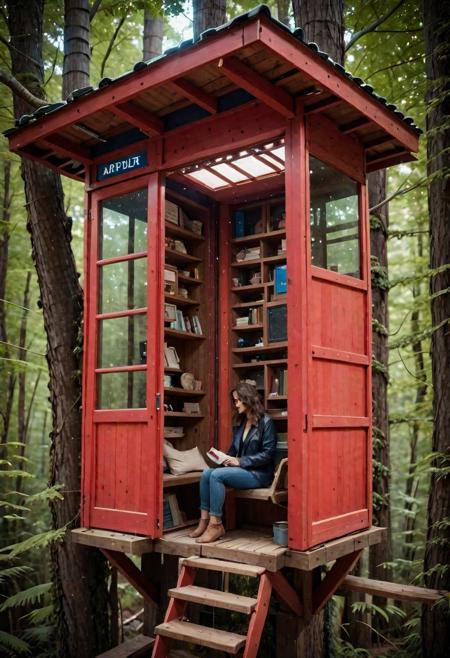 Very small phone booth with attached mailbox, surrounding an adult woman in dirty clothes sitting in a red and dark blue treehouse, creating a hyperpunk scene with desaturated  brown and dark blue details, colorful (polaroid:0.7) with vibrant colors, (vacations, high resolution:1.3), (small, selective focus, european film:1.2), (sexual advance:1.1), closeup,
[signal light|emergency light|red light|red light|green light|neon light_light signal, chart|analysis chart|monitoring screen |Various indicators|marquee|head-up display_LED signage, observation window|main window|side window_window, handle|indicator|window|slogan|light signal_hatch, leather seat|helmet|adjuster|headset| Pedal_Driver's Seat:0.4],
[Metal|Leather|Flash|Neon|Glass|Screen|carpaint_Detailed Texture: 0.7],
(sci-fi:1.2), (futuristic:1.2), (dystopian:1.1), (realistic:1.2), (industrial:1.2),(mecha:1.1), 
OverallDetail, great lighting, zoya, clear, scifiurban, treehouse