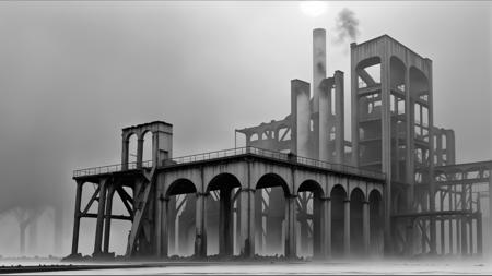 (RAW) landscape photo of (ultra gloomy atmospheric black&white, foggy, wet, industrial ruins of an epic and old factory in a zone of exclusion, (ultra realistic, detailed, masterpiece, 8k)<lora:LCM_Lora.safetensors:1><lora:LCM_Lora.safetensors:1>