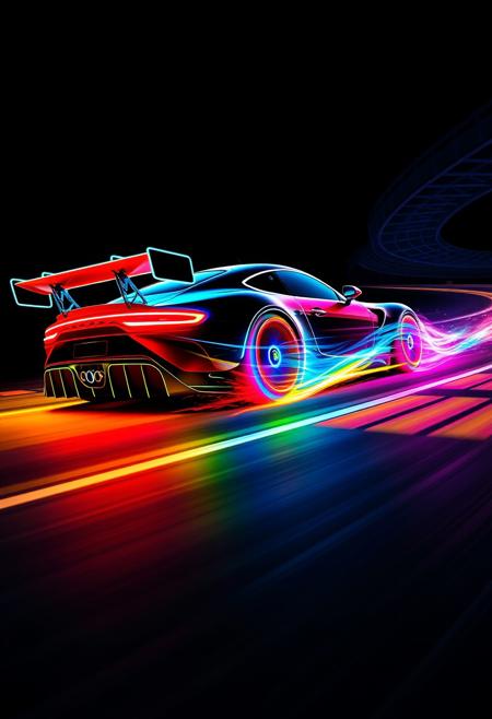 "Image of a neon outline of a race car, speeding along a winding raceway. The car's tires are ablaze with a vibrant, swirling mixture of colors, as if the trail they leave behind is made of pure, unadulterated color. A flurry of colors blasts from the end of the tires, radiating outwards in a mesmerizing display of light and energy. The neon outline of the car is bold and striking, set against a dark background that allows the colors to pop. The raceway's curves and bends are illuminated by the car's trail, creating a dynamic and immersive visual effect. Style: vibrant, dynamic, and futuristic, with a focus on capturing the speed and energy of the racing experience." Absurdres Highest-Quality, 4k