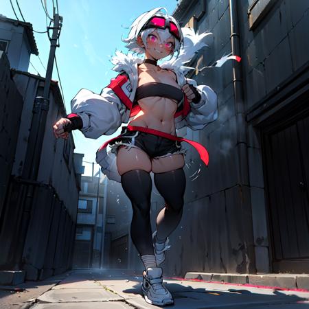 (((a woman standing on a street in karate kick stance:1.3, dynamtic motion, sunny day, full body))), beautiful eyes, beautiful girl, high detail skin, high detail eyes, high detail hair, highres, ultra detailed, detailed pores, imperfect skin, detailed reflective shiny skin, diffused skin pores,sharpen picture, Highly detailed, masterpiece, best quality, smiling <lora:NiwamaruLoRA:0.8> niwamaru, with short white hair, pink googles on head, white and black crop jacket with fur, tiny tube top, black stockings, black shorts, shoes,