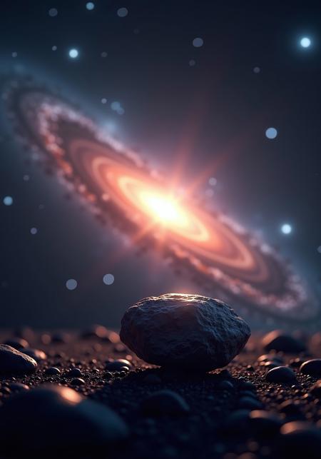 Foreground: meteorite.
Focus Midground: shinning Pulsar star.
Background: Saturation color Milky Way Galaxy.
Realistic lighting cinematic scene, Space Odyssey.