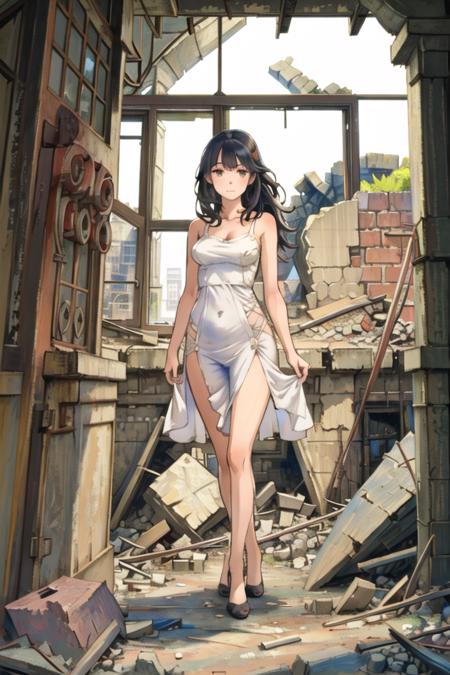 (masterpiece:1.2),best quality,illustration,beautiful detailed girl,

(looking at viewer),closed mouth,
(full body,standing:1.0),
medium breasts,long hair, black hair,white long sundress,
(factory ruins:1.1),day,indoors,(window:1.1),rubble,
<lora:FactoryRuins_v10:0.4>