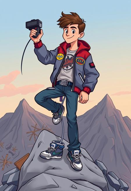 cartoon style, good definition, A young man with a marty mcfly jacket with a sega control belt ajeans nd old nike tenis  raisign a nintendo zapper over a mountain made with old videogames cartidge