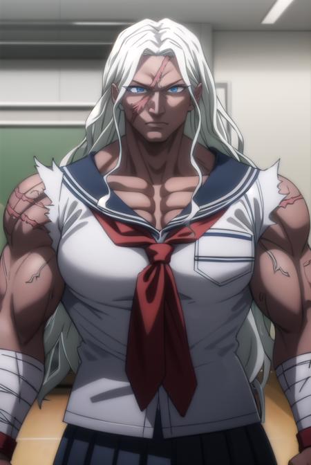 sakuraoogami, <lora:sakura oogami s1-lora-nochekaiser:1>,
sakura oogami, long hair, white hair, dark skin, dark-skinned female, muscular, scar, muscular female,
BREAK shirt, school uniform, serafuku, sailor collar, bandages, blue sailor collar, bandaged arm,
BREAK indoors, classroom,
BREAK looking at viewer, (cowboy shot:1.5),
BREAK <lyco:GoodHands-beta2:1>, (masterpiece:1.2), best quality, high resolution, unity 8k wallpaper, (illustration:0.8), (beautiful detailed eyes:1.6), extremely detailed face, perfect lighting, extremely detailed CG, (perfect hands, perfect anatomy),