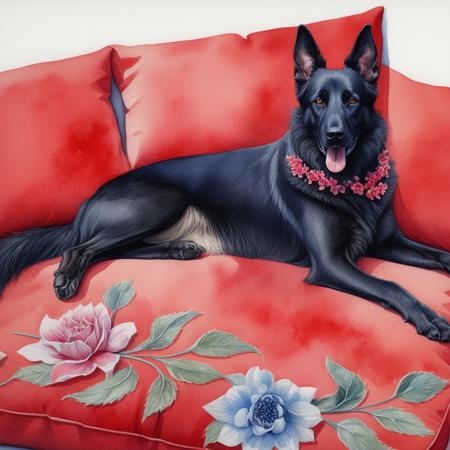 A Belgian Shepherd dog is resting on a red pillow, 
with flowers around, 
Watercolor, 
trending on artstation, 
sharp focus, 
studio photo, 
intricate details, 
highly detailed, 
by greg rutkowski
