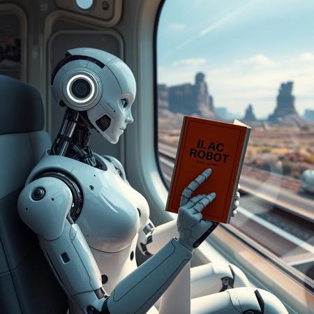 Robot humanoid woman sitting in futuristic train and reading a book "I, Robot" by Isaac Asimov", she is holding book upside down. train is passing by futuristic landscape.