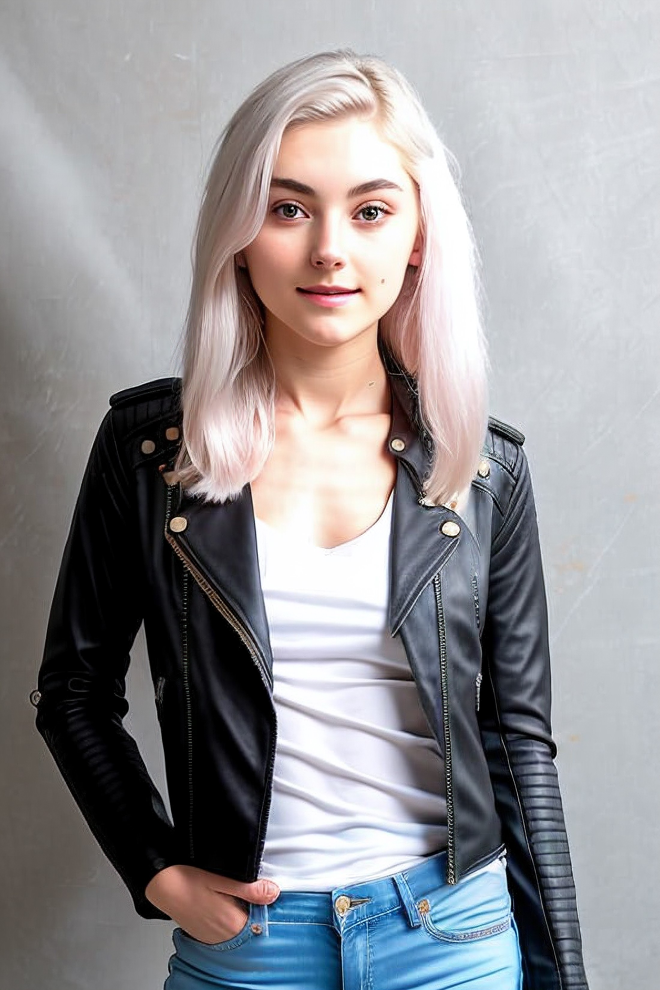 RAW photo, a photo of evaelfie00 wearing a white t-shirt, jeans and black leather jacket, wasteland background, (high deta...