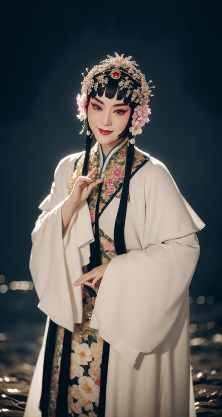 [jingju:999],photorealistic,realistic,solo,photorealistic,best quality,ultra high res,
bjofemale,1girl,solo,jewelry,black hair,hair ornament,makeup,ring,flower,lipstick,eyeshadow,black eyes,floral print,smile,hanfu beautiful,
, fairy tale, Anxious light-weight (George Michael:1.3) , wearing costume designed by Harry Potter, [beach|field], Ultra Detailed, Afrofuturism, Moonlight, Fujifilm XT3, F/1.8,  <lora:000_AiMeishi_bjomale_bjofemale:1>