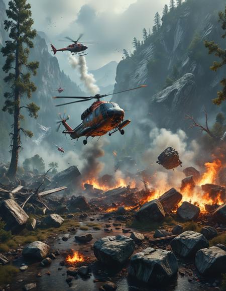 A (plane crash:1.0) in a (remote wilderness:1.0) with (trees and rocks:1.0) scattered around, (smoke and debris:1.0) billowing into the sky, (survivors:1.0) struggling to escape the wreckage, (rescue team:1.0) arriving to assist, (helicopter:1.0) hovering above the scene, (emergency services:1.0) on the ground, (dramatic lighting:1.0) highlighting the chaos, (realistic style:1.0) with attention to detail, (8K resolution:1.0) for a cinematic effect.