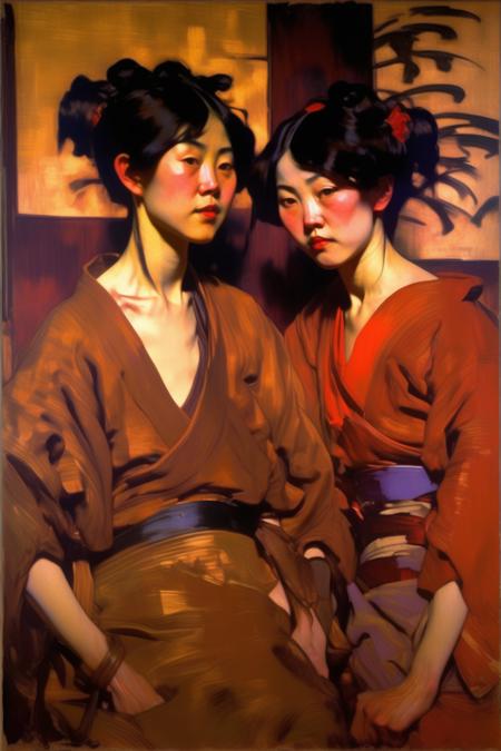 <lora:Lovis Corinth Style:1>Lovis Corinth Style - a very messy, impasto oil painting by both Frank Brangwyn and John Singer Sargent that depicts two exceptionally beautiful, slim Japanese women with long faces with a golden Japanese screen that depicts a pine tree in the background