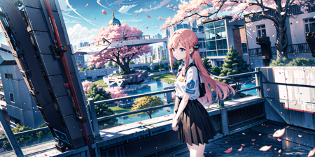 masterpiece, best quality,
1girl, black skirt, branch, building, chain-link fence, cherry blossoms, fence, long hair, outdoors, petals, pleated skirt, rain, shirt, short sleeves, skirt, solo, standing, tree,
sky, AND
(spaceship in sky:1.4), intricate game cg, exceptional, extremely detailed, vivid colours, absurdres, cityscape, horizon