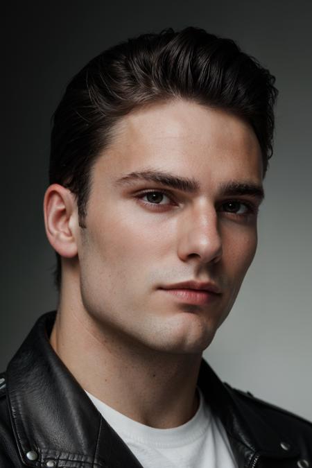 RAW Photo, closeup face portrait photo of man levi_conely wearing a black leather jacket with a white t-shirt underneath <lora:levi_conely-06:0.7>, slicked-back pompadour hair