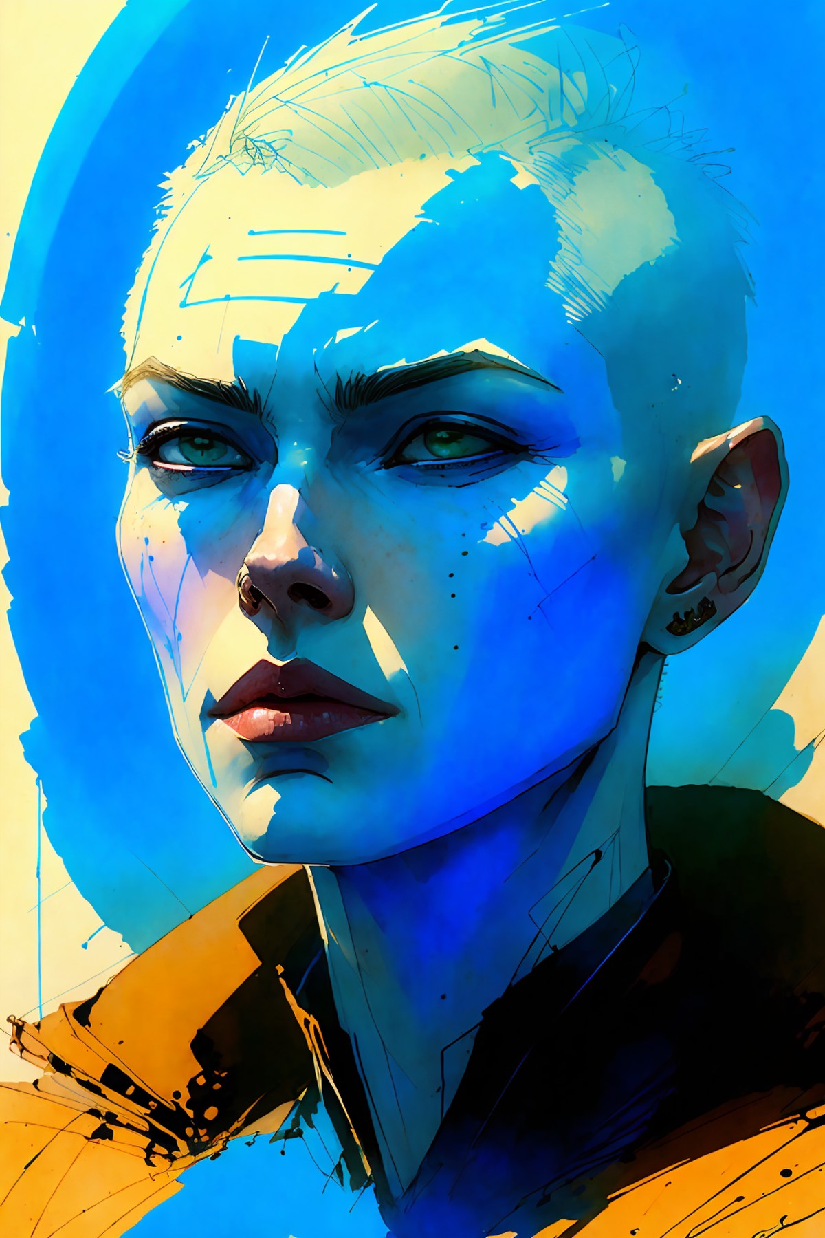 portrait of 1 woman, pale skin, blue short hair, blue lips,   perspective,  long hair,
(ink sketch  by Enki Bilal)
high co...
