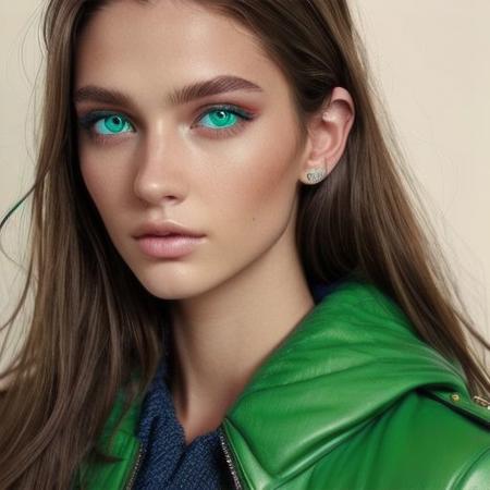 A fashion editorial of a brunette model with MULTIPLE green eyes. Photo-realistic, fine detail.