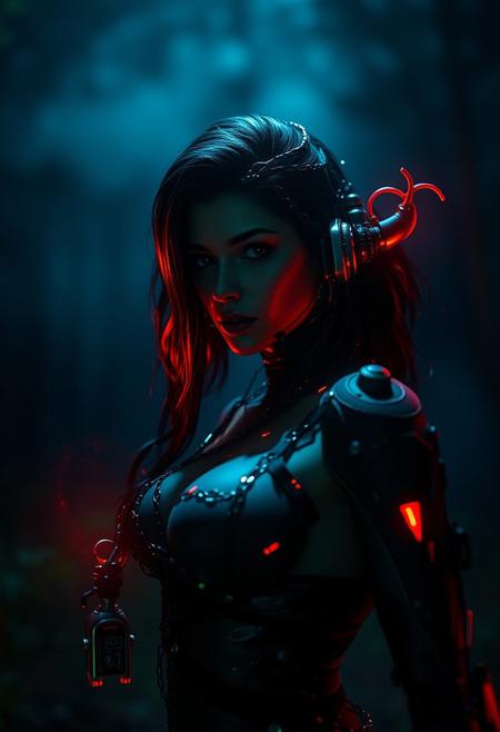 (photography, realistic:1.4), cinematic, depth of field, bokeh, best quality, hybrid female creature, mutation, dutch angle, hybrid synthetic, fusion of curvy Latina woman with mechanical and organic body parts, real mutation, dark forest at night, thick fog, fierce presence, vibrant colors, dramatic lightning <lora:art_lora:1> <lora:scg-anatomy-female-v2:1> <lora:FLUX_PAWG:1> <lora:realism_lora:1> <lora:FLUXTASTIC_V3:1> detailed matte painting, deep color, fantastical, intricate detail, splash screen, complementary colors, fantasy concept art, 8k resolution trending on Artstation Unreal Engine 5
