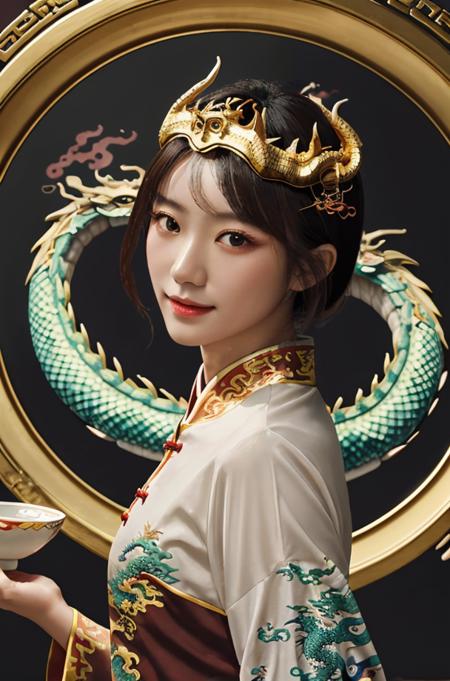 1girl, eastern dragon, dragon, solo, chinese clothes, brown hair, realistic, brown eyes, looking at viewer, lips, cup<lora:dragon-HXZ:0.7>