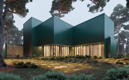 ((masterpiece, best quality)), 8k, modern architecture style, photo realistic, david chipperfield, hyper detailed photo, single box, a digital 3d render of a building, Green building, leansflare, Forest, Night time