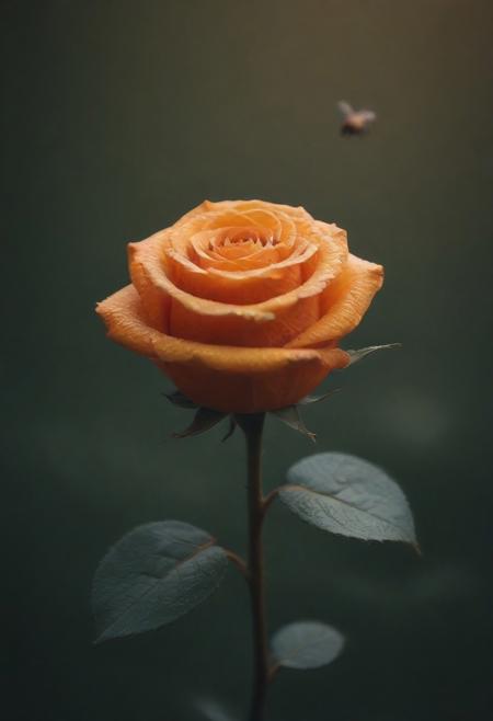 lazypos, cf_style, best artist, best shadows, best lighting, best textures, masterpiece, Rose made of orange peel, stem, thorns, glistening, dewdrops, bokeh, bees flying,